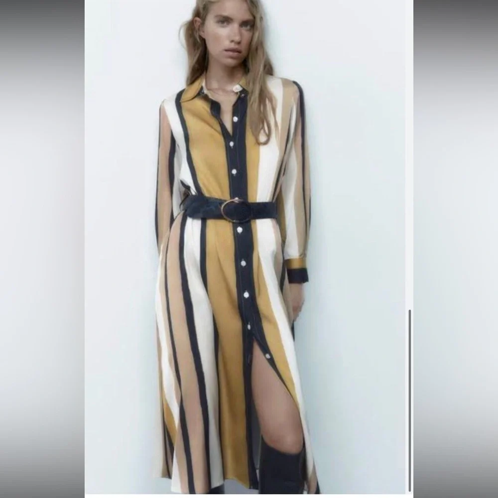 Zara NWOT Satin Striped Shirt dress - Picture 4 of 7